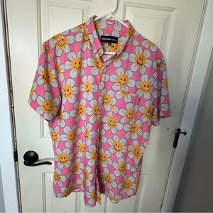 MOLOKAI Surf Co. Pink Button Up With Smiley Face Flower Design